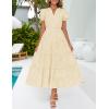 imageZESICA Womens 2025 Summer Puff Short Sleeve Midi Dress V Neck Floral Textured Ruffle Flowy Beach Party DressesApricot