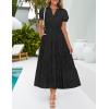 imageZESICA Womens 2025 Summer Puff Short Sleeve Midi Dress V Neck Floral Textured Ruffle Flowy Beach Party DressesBlack