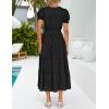 imageZESICA Womens 2025 Summer Puff Short Sleeve Midi Dress V Neck Floral Textured Ruffle Flowy Beach Party DressesBlack