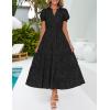 imageZESICA Womens 2025 Summer Puff Short Sleeve Midi Dress V Neck Floral Textured Ruffle Flowy Beach Party DressesBlack
