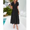 imageZESICA Womens 2025 Summer Puff Short Sleeve Midi Dress V Neck Floral Textured Ruffle Flowy Beach Party DressesBlack