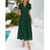 imageZESICA Womens 2025 Summer Puff Short Sleeve Midi Dress V Neck Floral Textured Ruffle Flowy Beach Party DressesGreen