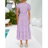 imageZESICA Womens 2025 Summer Puff Short Sleeve Midi Dress V Neck Floral Textured Ruffle Flowy Beach Party DressesPurple