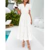 imageZESICA Womens 2025 Summer Puff Short Sleeve Midi Dress V Neck Floral Textured Ruffle Flowy Beach Party DressesWhite