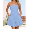imageZESICA Womens Summer Sleeveless Mini Dress 2025 Sexy Strapless High Waist Pleated A Line Swing Party Short DressesBlue