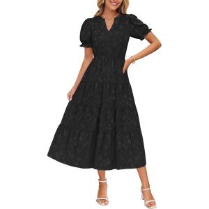 imageZESICA Womens 2025 Summer Puff Short Sleeve Midi Dress V Neck Floral Textured Ruffle Flowy Beach Party DressesBlack