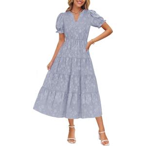imageZESICA Womens 2025 Summer Puff Short Sleeve Midi Dress V Neck Floral Textured Ruffle Flowy Beach Party DressesDustyblue