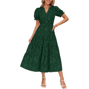 imageZESICA Womens 2025 Summer Puff Short Sleeve Midi Dress V Neck Floral Textured Ruffle Flowy Beach Party DressesGreen