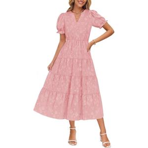 imageZESICA Womens 2025 Summer Puff Short Sleeve Midi Dress V Neck Floral Textured Ruffle Flowy Beach Party DressesPink