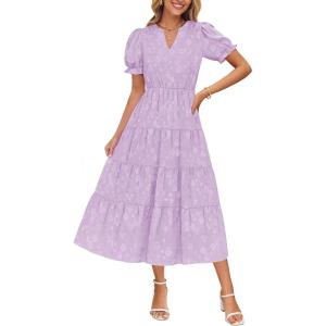 imageZESICA Womens 2025 Summer Puff Short Sleeve Midi Dress V Neck Floral Textured Ruffle Flowy Beach Party DressesPurple