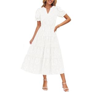 imageZESICA Womens 2025 Summer Puff Short Sleeve Midi Dress V Neck Floral Textured Ruffle Flowy Beach Party DressesWhite