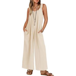 imageZESICA Womens Sleeveless V Neck Jumpsuits Summer Casual Loose One Piece Overalls Oversized Wide Leg Rompers with PocketsApricot