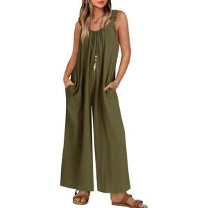 imageZESICA Womens Sleeveless V Neck Jumpsuits Summer Casual Loose One Piece Overalls Oversized Wide Leg Rompers with PocketsArmy