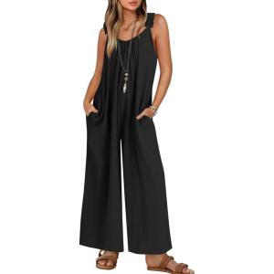 imageZESICA Womens Sleeveless V Neck Jumpsuits Summer Casual Loose One Piece Overalls Oversized Wide Leg Rompers with PocketsBlack