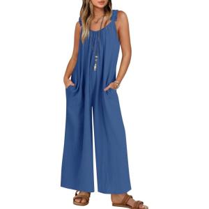 imageZESICA Womens Sleeveless V Neck Jumpsuits Summer Casual Loose One Piece Overalls Oversized Wide Leg Rompers with PocketsBlue