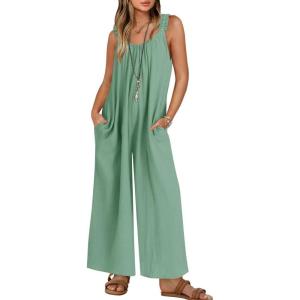 imageZESICA Womens Sleeveless V Neck Jumpsuits Summer Casual Loose One Piece Overalls Oversized Wide Leg Rompers with PocketsGreen