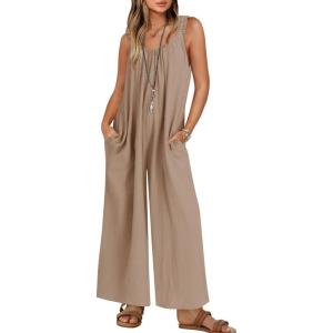 imageZESICA Womens Sleeveless V Neck Jumpsuits Summer Casual Loose One Piece Overalls Oversized Wide Leg Rompers with PocketsKhaki