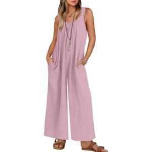 imageZESICA Womens Sleeveless V Neck Jumpsuits Summer Casual Loose One Piece Overalls Oversized Wide Leg Rompers with PocketsPink