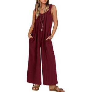 imageZESICA Womens Sleeveless V Neck Jumpsuits Summer Casual Loose One Piece Overalls Oversized Wide Leg Rompers with PocketsWine