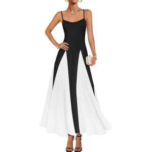 imageZESICA Womens Spaghetti Strap Maxi Dress 2025 Summer Sleeveless Color Block A Line Flowy Party DressesBlack