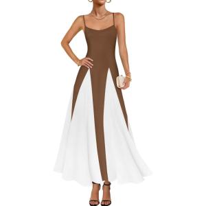 imageZESICA Womens Spaghetti Strap Maxi Dress 2025 Summer Sleeveless Color Block A Line Flowy Party DressesBrown
