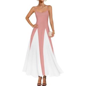 imageZESICA Womens Spaghetti Strap Maxi Dress 2025 Summer Sleeveless Color Block A Line Flowy Party DressesPink