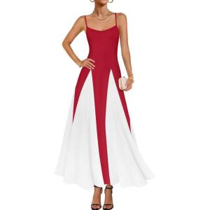 imageZESICA Womens Spaghetti Strap Maxi Dress 2025 Summer Sleeveless Color Block A Line Flowy Party DressesRed