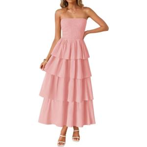 imageZESICA Womens Summer Boho Strapless Maxi Dress 2025 Casual Sleeveless Off Shoulder Smocked Tiered Beach Long SundressPink