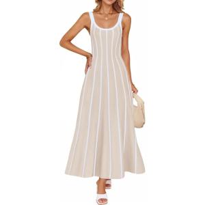 imageZESICA Womes Summer Sleeveless Striped Midi Dress 2025 Knit Casual Elegant A Line Swing Long DressesApricot