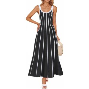 imageZESICA Womes Summer Sleeveless Striped Midi Dress 2025 Knit Casual Elegant A Line Swing Long DressesBlack