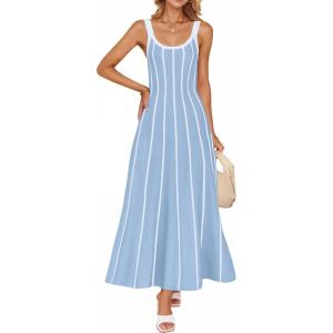 imageZESICA Womes Summer Sleeveless Striped Midi Dress 2025 Knit Casual Elegant A Line Swing Long DressesBlue