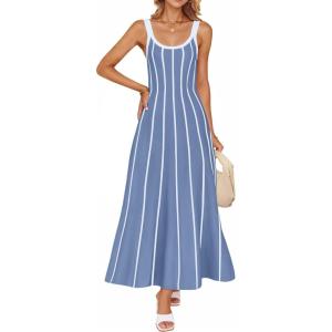 imageZESICA Womes Summer Sleeveless Striped Midi Dress 2025 Knit Casual Elegant A Line Swing Long DressesDusty Blue