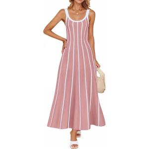 imageZESICA Womes Summer Sleeveless Striped Midi Dress 2025 Knit Casual Elegant A Line Swing Long DressesDusty Pink