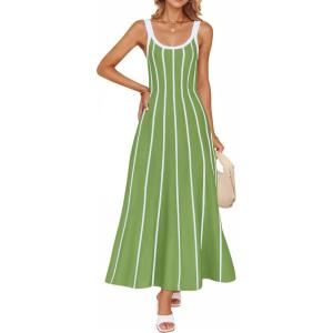 imageZESICA Womes Summer Sleeveless Striped Midi Dress 2025 Knit Casual Elegant A Line Swing Long DressesLight Green