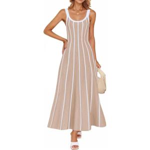imageZESICA Womes Summer Sleeveless Striped Midi Dress 2025 Knit Casual Elegant A Line Swing Long DressesOatmeal