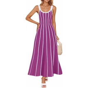 imageZESICA Womes Summer Sleeveless Striped Midi Dress 2025 Knit Casual Elegant A Line Swing Long DressesPlum