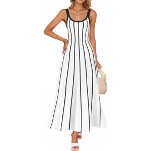 imageZESICA Womes Summer Sleeveless Striped Midi Dress 2025 Knit Casual Elegant A Line Swing Long DressesWhite
