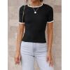 imageZESICA Womens Short Sleeve Crewneck Ribbed Knit Slim Fit T Shirt 2025 Summer Basic Casual Color Block Tee TopsBlack