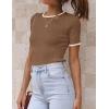 imageZESICA Womens Short Sleeve Crewneck Ribbed Knit Slim Fit T Shirt 2025 Summer Basic Casual Color Block Tee TopsBrown