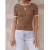 imageZESICA Womens Short Sleeve Crewneck Ribbed Knit Slim Fit T Shirt 2025 Summer Basic Casual Color Block Tee TopsBrown