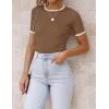 imageZESICA Womens Short Sleeve Crewneck Ribbed Knit Slim Fit T Shirt 2025 Summer Basic Casual Color Block Tee TopsBrown
