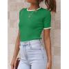 imageZESICA Womens Short Sleeve Crewneck Ribbed Knit Slim Fit T Shirt 2025 Summer Basic Casual Color Block Tee TopsGreen