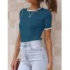 imageZESICA Womens Short Sleeve Crewneck Ribbed Knit Slim Fit T Shirt 2025 Summer Basic Casual Color Block Tee TopsNavy