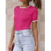 imageZESICA Womens Short Sleeve Crewneck Ribbed Knit Slim Fit T Shirt 2025 Summer Basic Casual Color Block Tee TopsRose