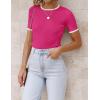 imageZESICA Womens Short Sleeve Crewneck Ribbed Knit Slim Fit T Shirt 2025 Summer Basic Casual Color Block Tee TopsRose