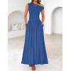 imageZESICA Womens Summer 2025 Sleeveless Maxi Dress One Shoulder Casual Slim Swing Pleated Dresses with PocketsBlue
