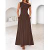 imageZESICA Womens Summer 2025 Sleeveless Maxi Dress One Shoulder Casual Slim Swing Pleated Dresses with PocketsBrown