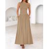 imageZESICA Womens Summer 2025 Sleeveless Maxi Dress One Shoulder Casual Slim Swing Pleated Dresses with PocketsLightkhaki