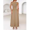 imageZESICA Womens Summer 2025 Sleeveless Maxi Dress One Shoulder Casual Slim Swing Pleated Dresses with PocketsLightkhaki