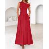 imageZESICA Womens Summer 2025 Sleeveless Maxi Dress One Shoulder Casual Slim Swing Pleated Dresses with PocketsRed